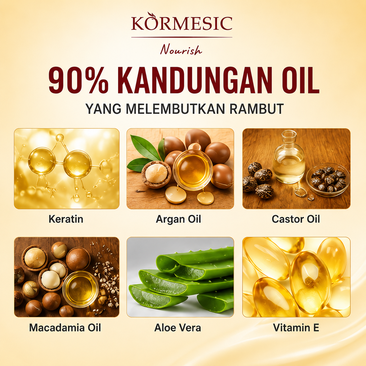 Kormesic Keratin Repair Hair Serum Gold Hair Treatment Oil 120ml - Perawatan Rambut Lembut ala Salon With Biotin Keratin and Argan Oil BPOM