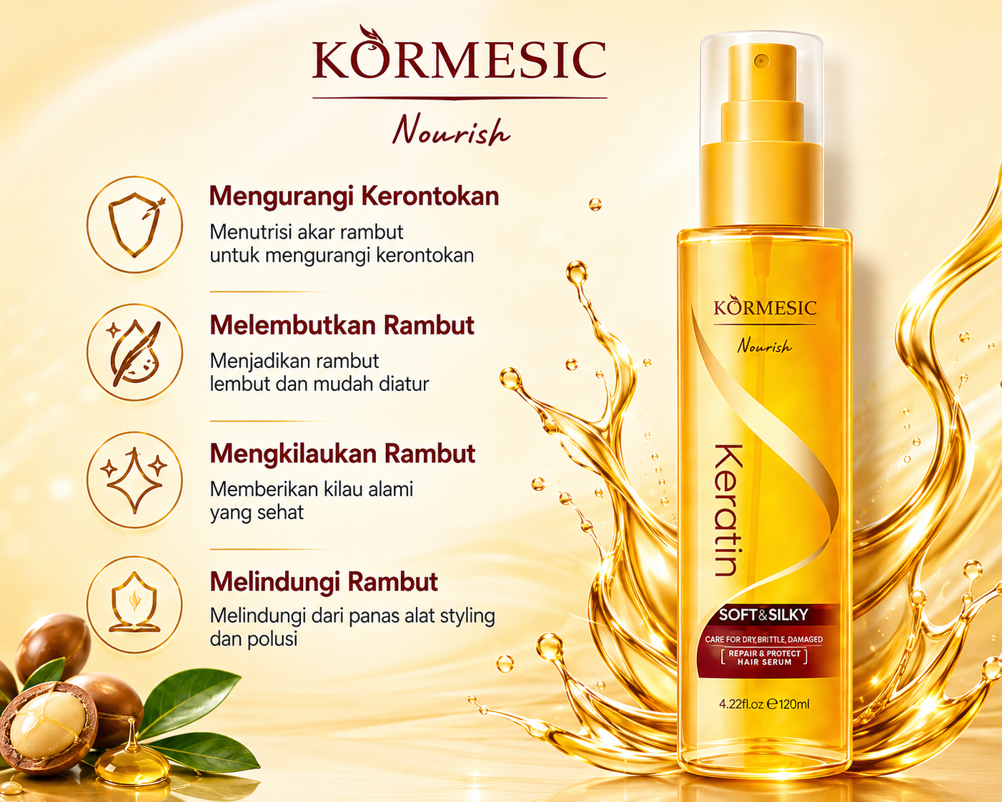 Kormesic Keratin Repair Hair Serum Gold Hair Treatment Oil 120ml - Perawatan Rambut Lembut ala Salon With Biotin Keratin and Argan Oil BPOM