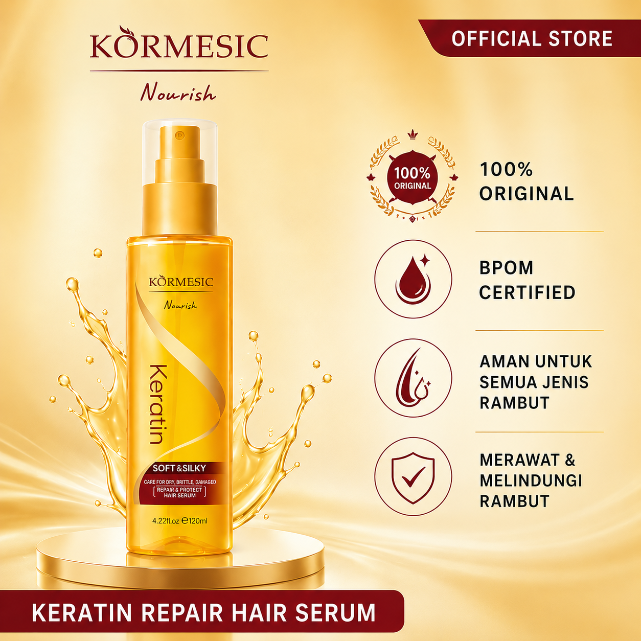 Kormesic Keratin Repair Hair Serum Gold Hair Treatment Oil 120ml - Perawatan Rambut Lembut ala Salon With Biotin Keratin and Argan Oil BPOM