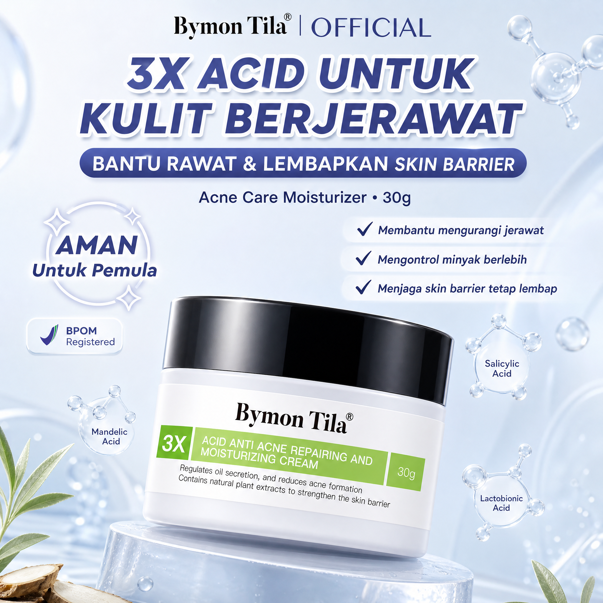 Kormesic 3X Acid Anti Acne Repairing and Moisturizing Cream 30ml - Untuk Kulit Berjerawat/Kering/Sensitif/Berminyak/Iritasi Ringan BPOM