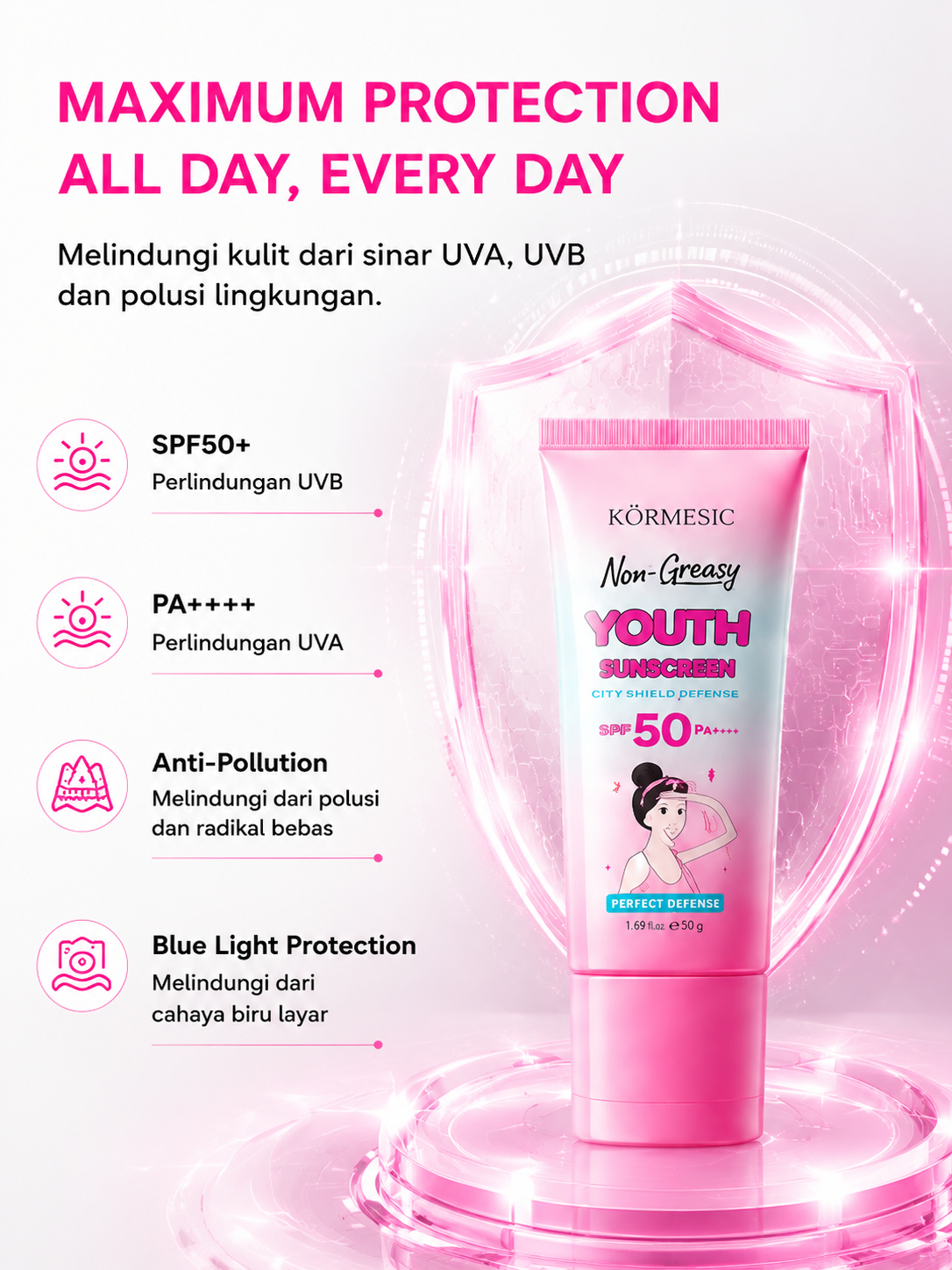 Kormesic Youth Sunscreen SPF50 PA+++ | Tabir Surya Halal untuk Remaja,Ringan & Cepat Meresap Sunblock Mencerahkan Melindungi UV ,Tanpa White Cast