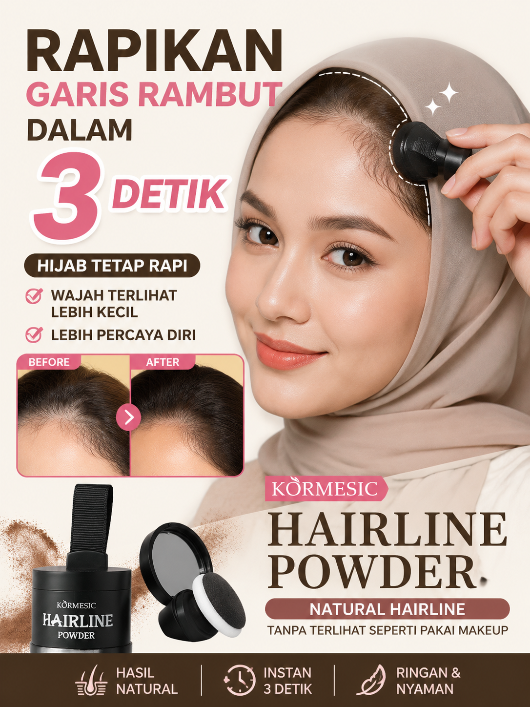 KORMESIC Hairline Powder - Bedak Penutup Rambut Tipis Rambut Botak Kosmetik Hijab Tahan Air & Keringat Waterproof Long Lasting Natural Black