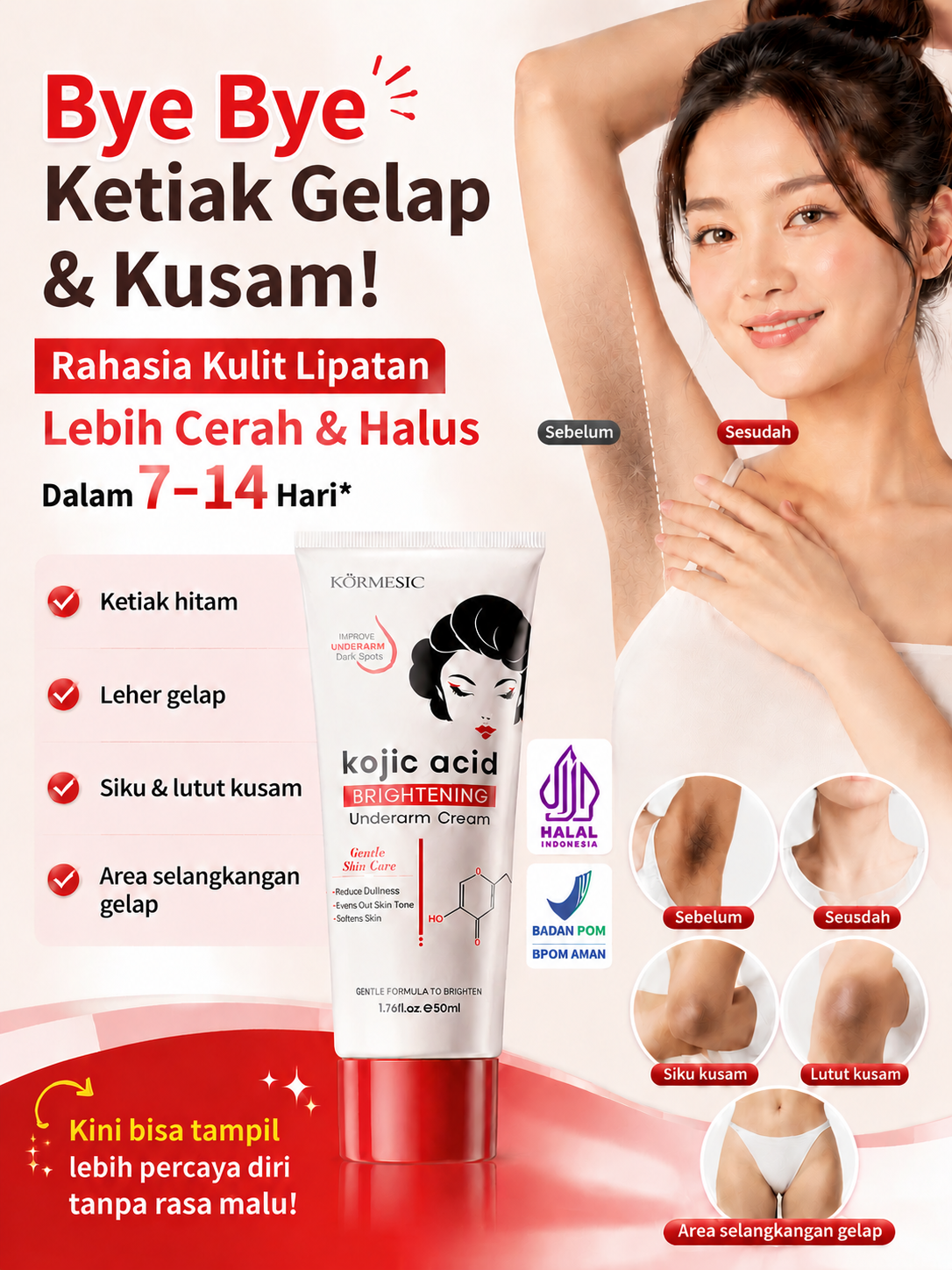 Kojic Acid Pemutih Ketiak Pemutih Selangkangan 50ml Memutihkan Ketiak dan Leher Pantat Pemutih Lutut Hitam Dan Siku,Krim Pencerah Lipatan Kusam