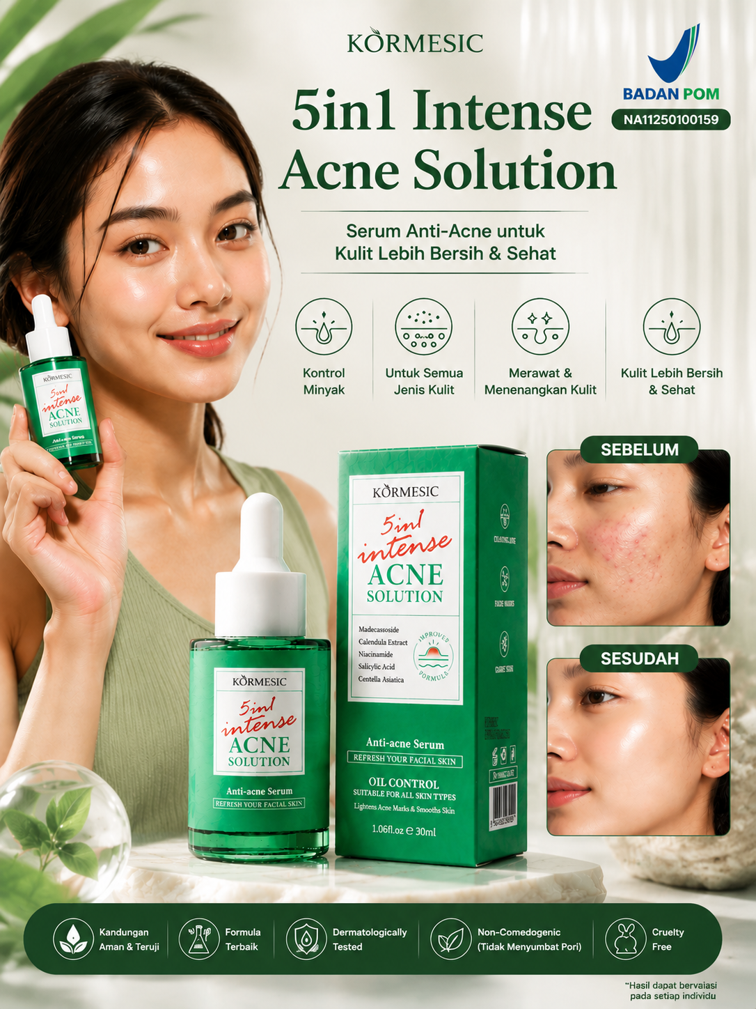 KORMESIC 5in1 Intense Acne Solution Serum - Serum Anti Acne Penghilang Jerawat & Bekas Jerawat