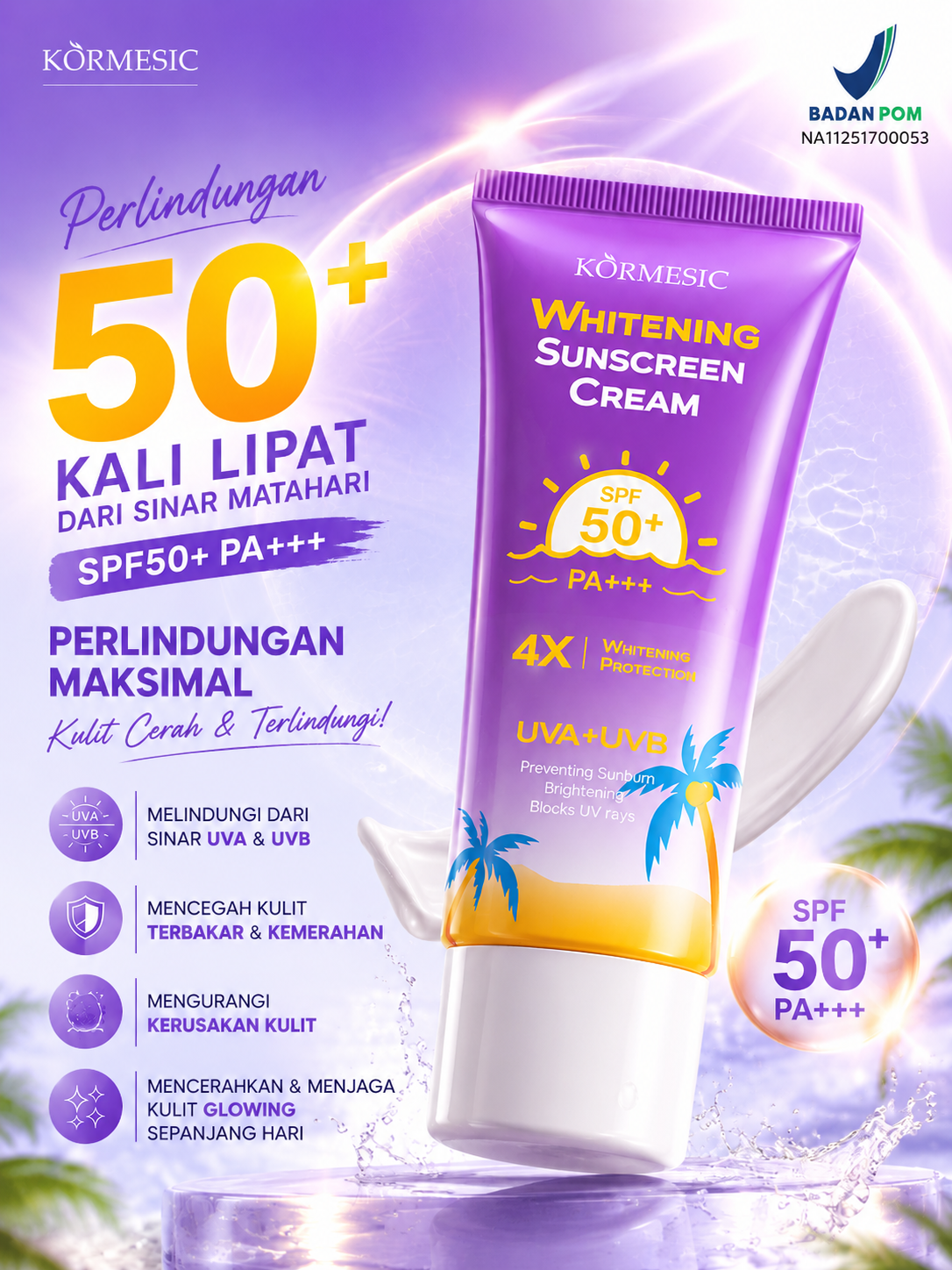 Whitening Sunscreen Cream SPF50+ PA++++ 60g - 2 in 1 Sunblock & Primer Mencerahkan BPOM Anti Lengket Glowing Seharian