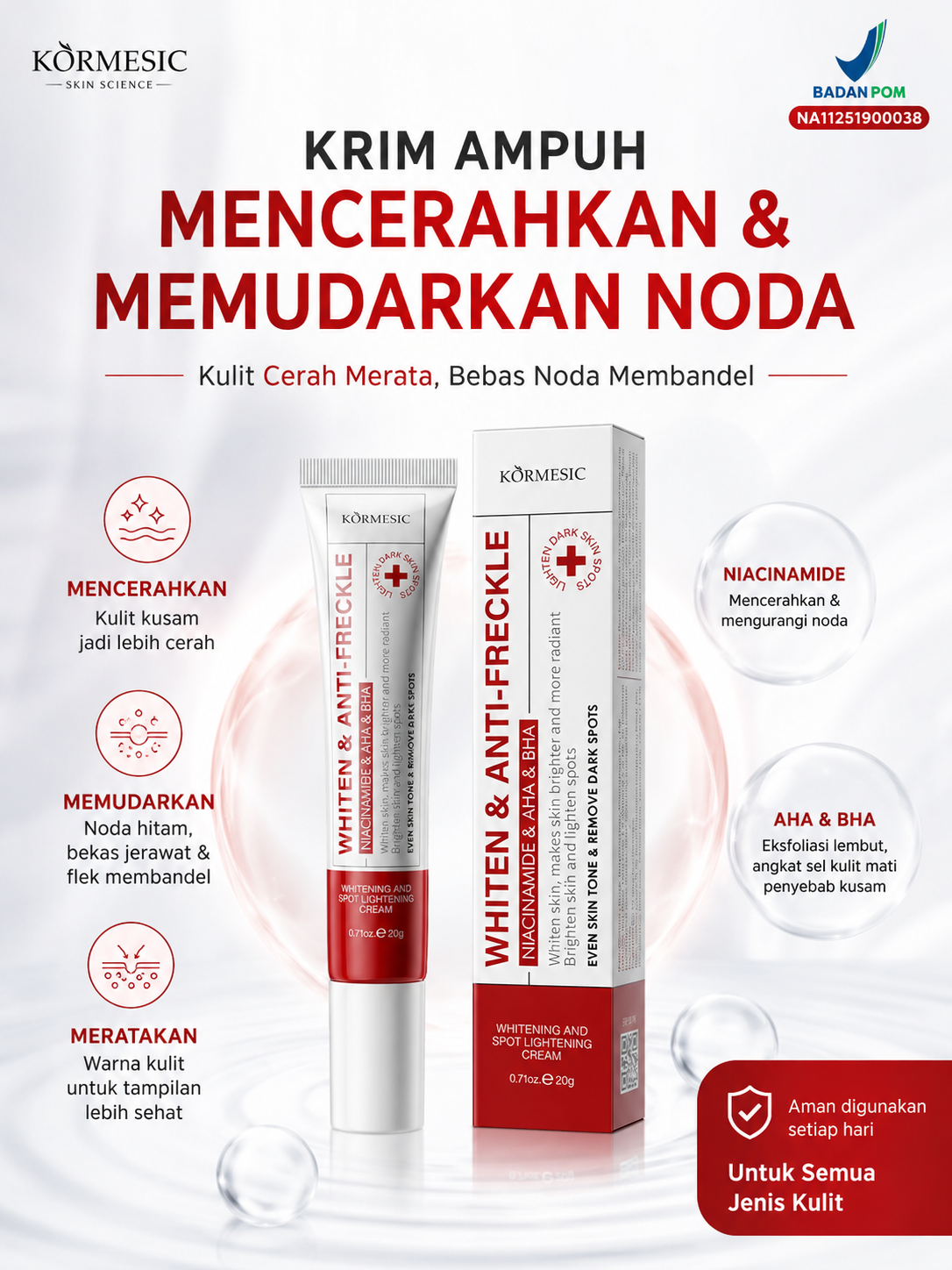Krim Penghilang Flek Hitam Membandel & Bekas Jerawat - Whitening Spot Lightening Cream Niacinamide Alpha Arbutin AHA BHA BPOM Mencerahkan Kulit Kusam