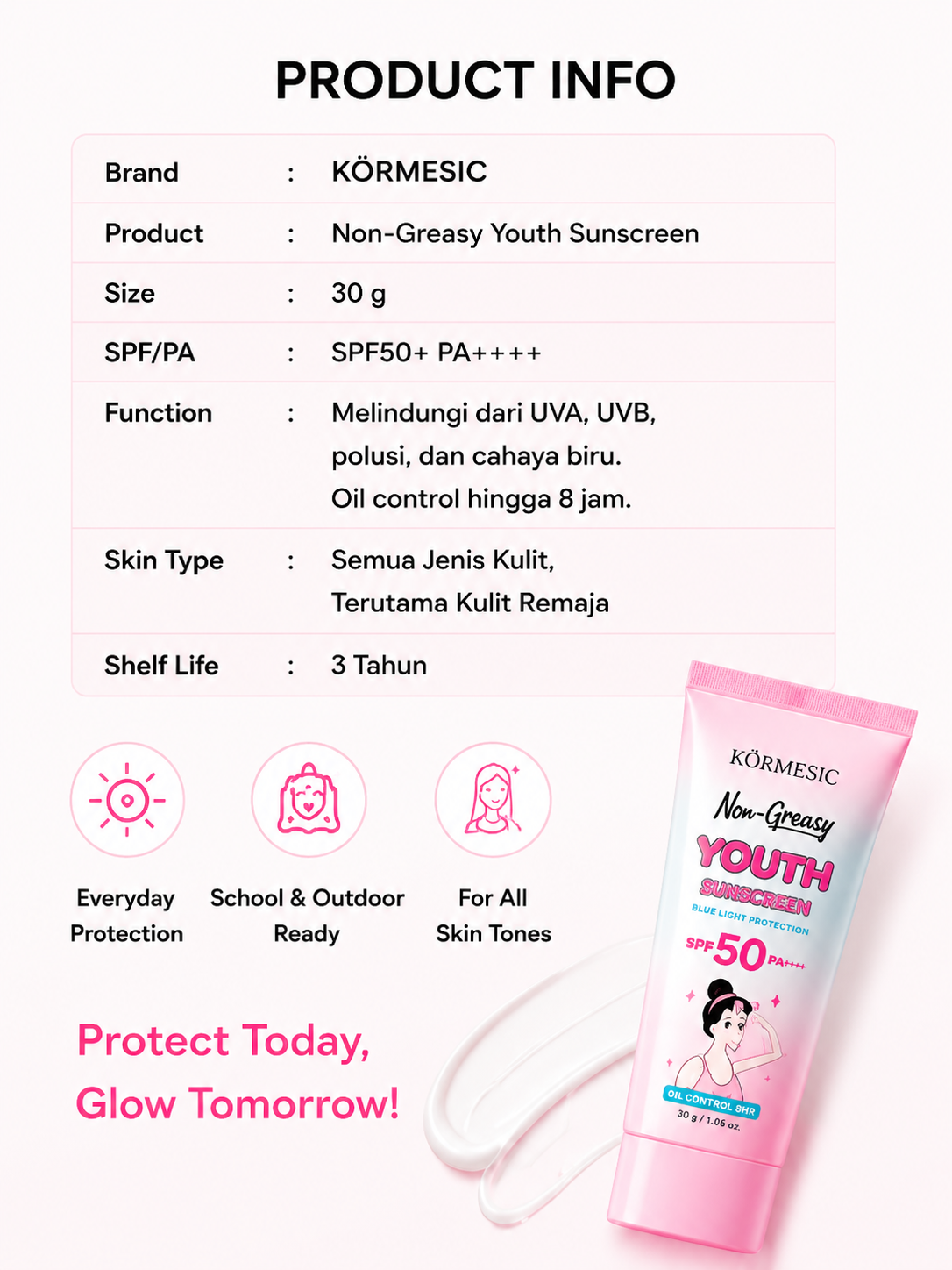 Kormesic Youth Sunscreen SPF50 PA+++ | Tabir Surya Halal untuk Remaja,Ringan & Cepat Meresap Sunblock Mencerahkan Melindungi UV ,Tanpa White Cast