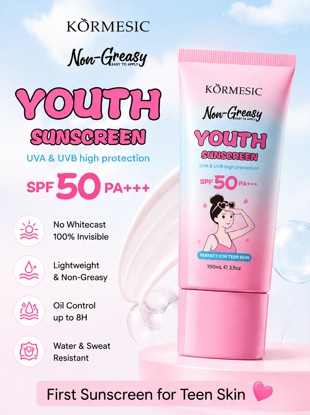 Kormesic Youth Sunscreen SPF50 PA+++ | Tabir Surya Halal untuk Remaja,Ringan & Cepat Meresap Sunblock Mencerahkan Melindungi UV ,Tanpa White Cast