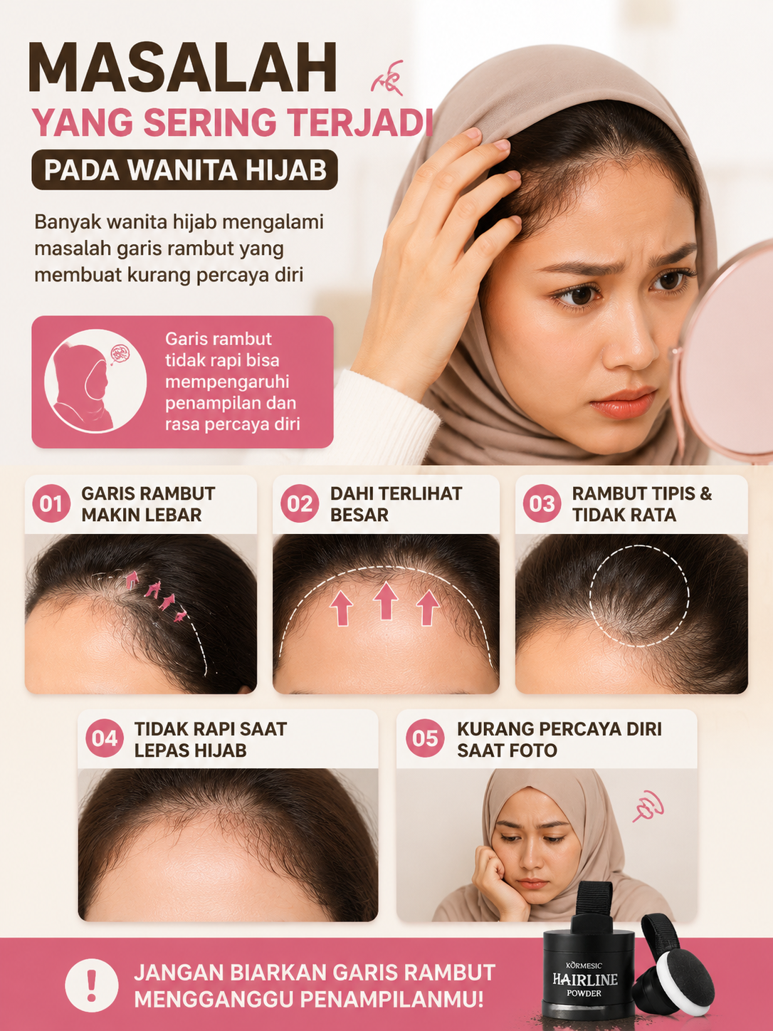 KORMESIC Hairline Powder - Bedak Penutup Rambut Tipis Rambut Botak Kosmetik Hijab Tahan Air & Keringat Waterproof Long Lasting Natural Black