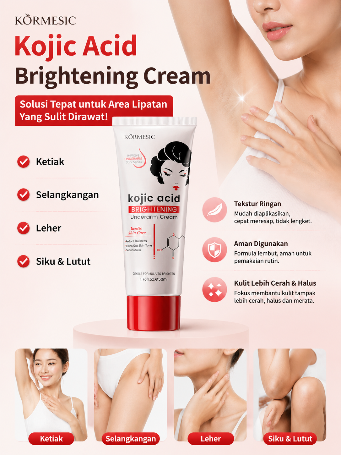 Kojic Acid Pemutih Ketiak Pemutih Selangkangan 50ml Memutihkan Ketiak dan Leher Pantat Pemutih Lutut Hitam Dan Siku,Krim Pencerah Lipatan Kusam