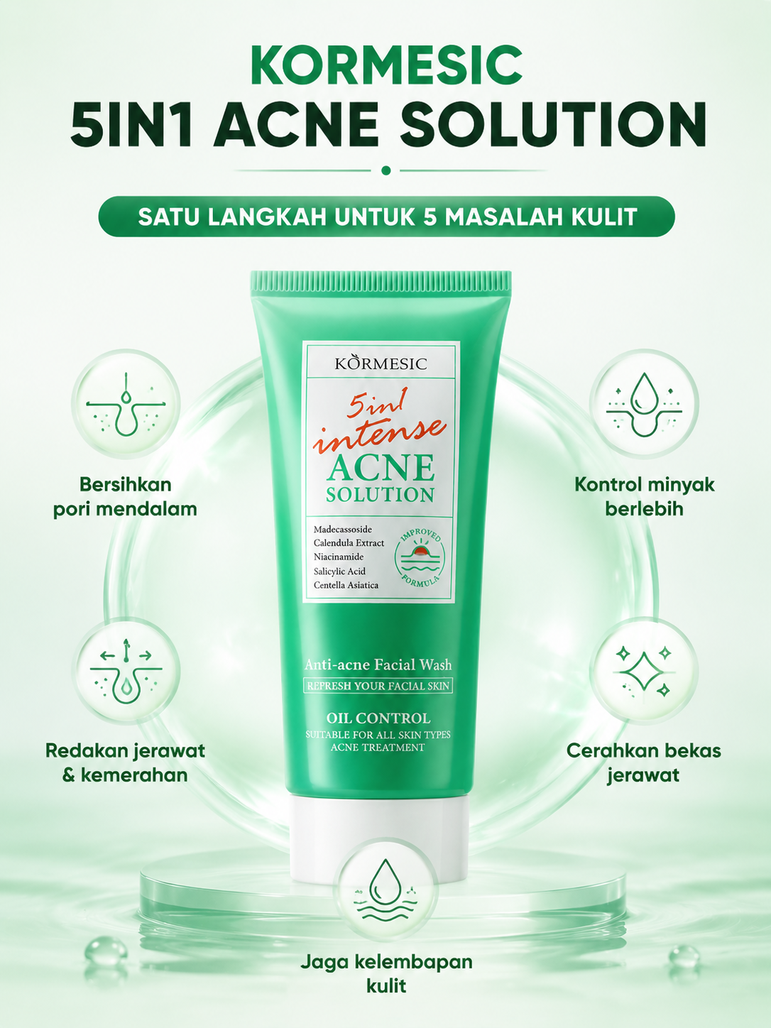 KORMESIC 5in1 Intense Acne Solution Facial Wash - Sabun Cuci Muka Anti Acne Pembersih Jerawat & Kontrol Minyak