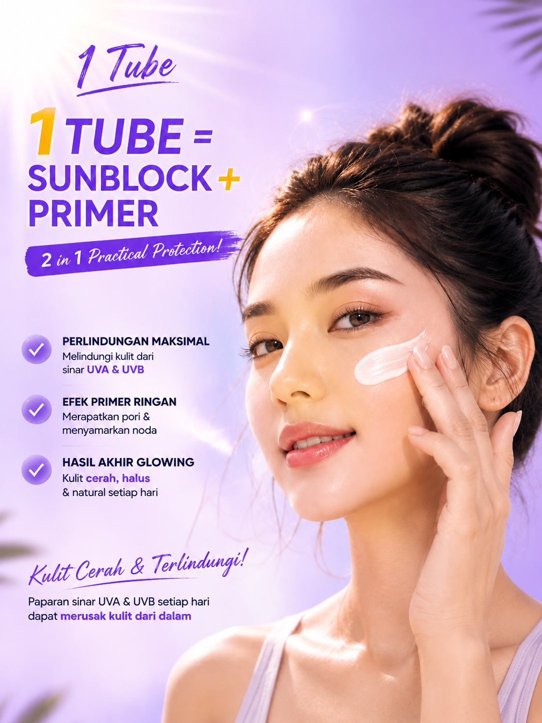Whitening Sunscreen Cream SPF50+ PA++++ 60g - 2 in 1 Sunblock & Primer Mencerahkan BPOM Anti Lengket Glowing Seharian