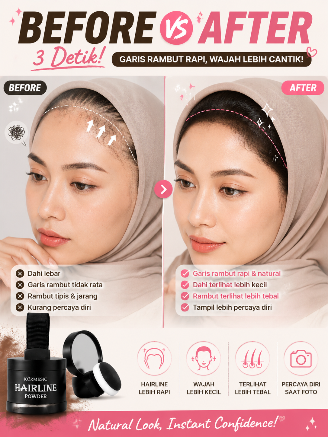 KORMESIC Hairline Powder - Bedak Penutup Rambut Tipis Rambut Botak Kosmetik Hijab Tahan Air & Keringat Waterproof Long Lasting Natural Black