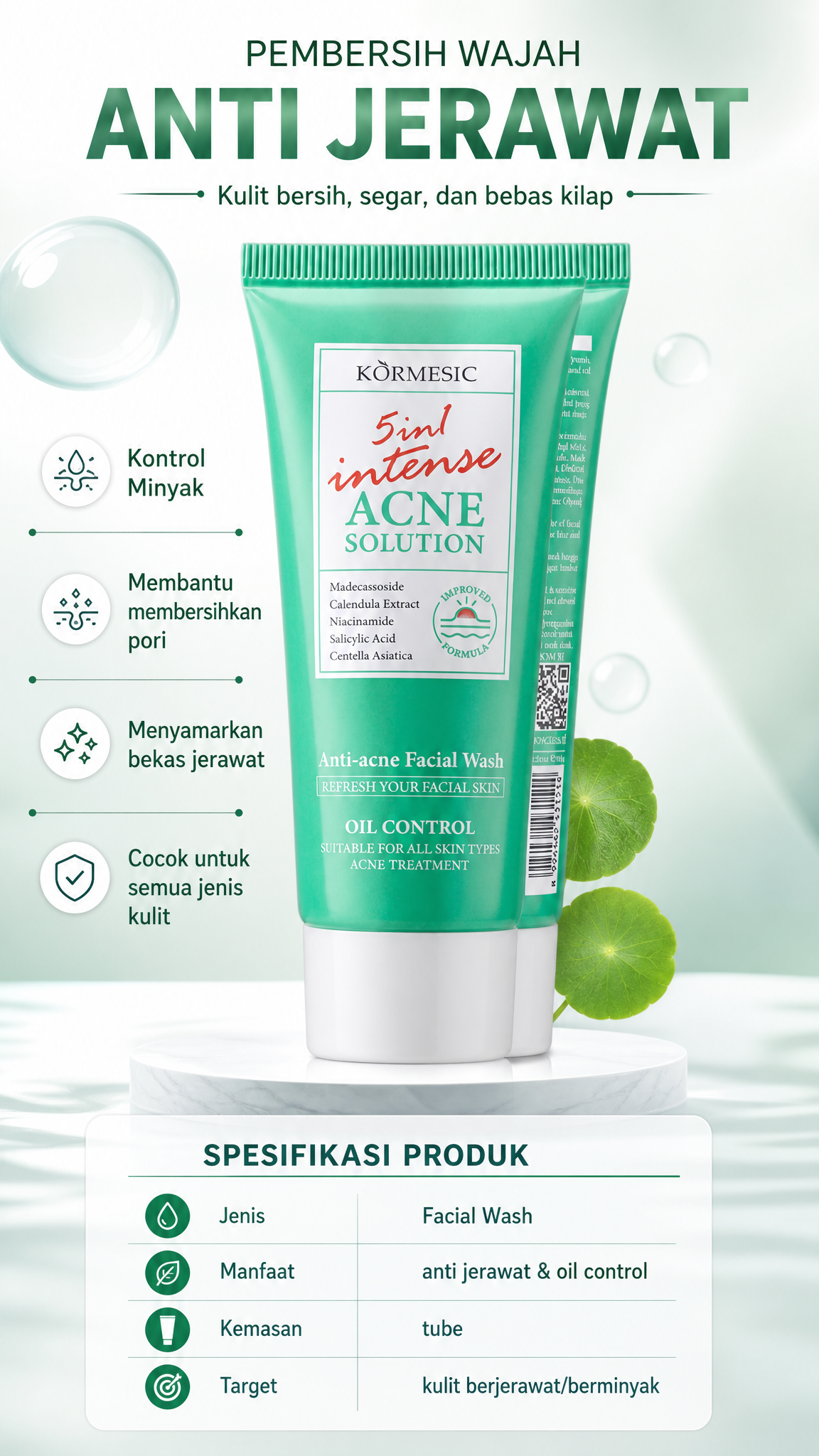 KORMESIC 5in1 Intense Acne Solution Facial Wash - Sabun Cuci Muka Anti Acne Pembersih Jerawat & Kontrol Minyak
