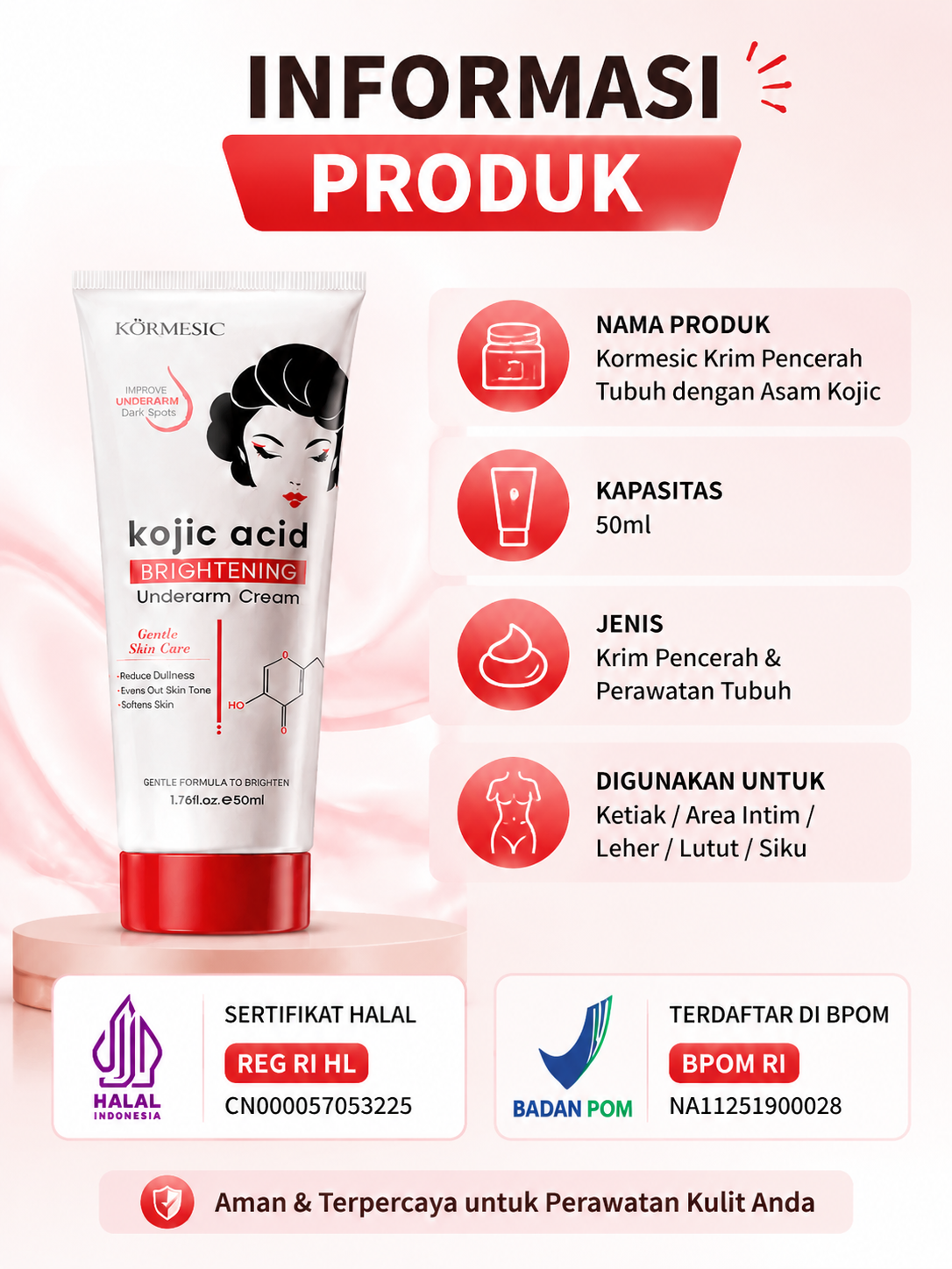 Kojic Acid Pemutih Ketiak Pemutih Selangkangan 50ml Memutihkan Ketiak dan Leher Pantat Pemutih Lutut Hitam Dan Siku,Krim Pencerah Lipatan Kusam