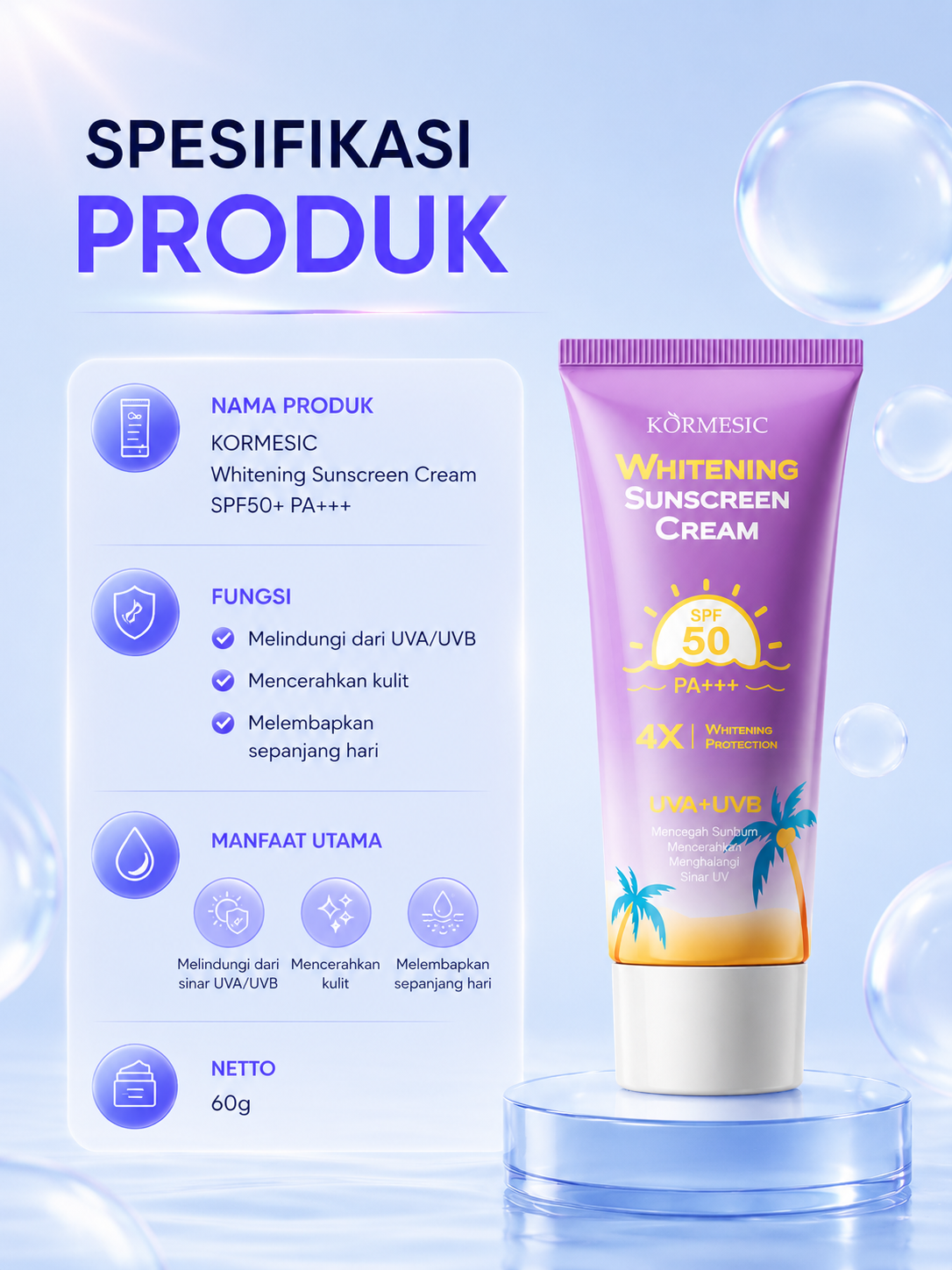 Whitening Sunscreen Cream SPF50+ PA++++ 60g - 2 in 1 Sunblock & Primer Mencerahkan BPOM Anti Lengket Glowing Seharian