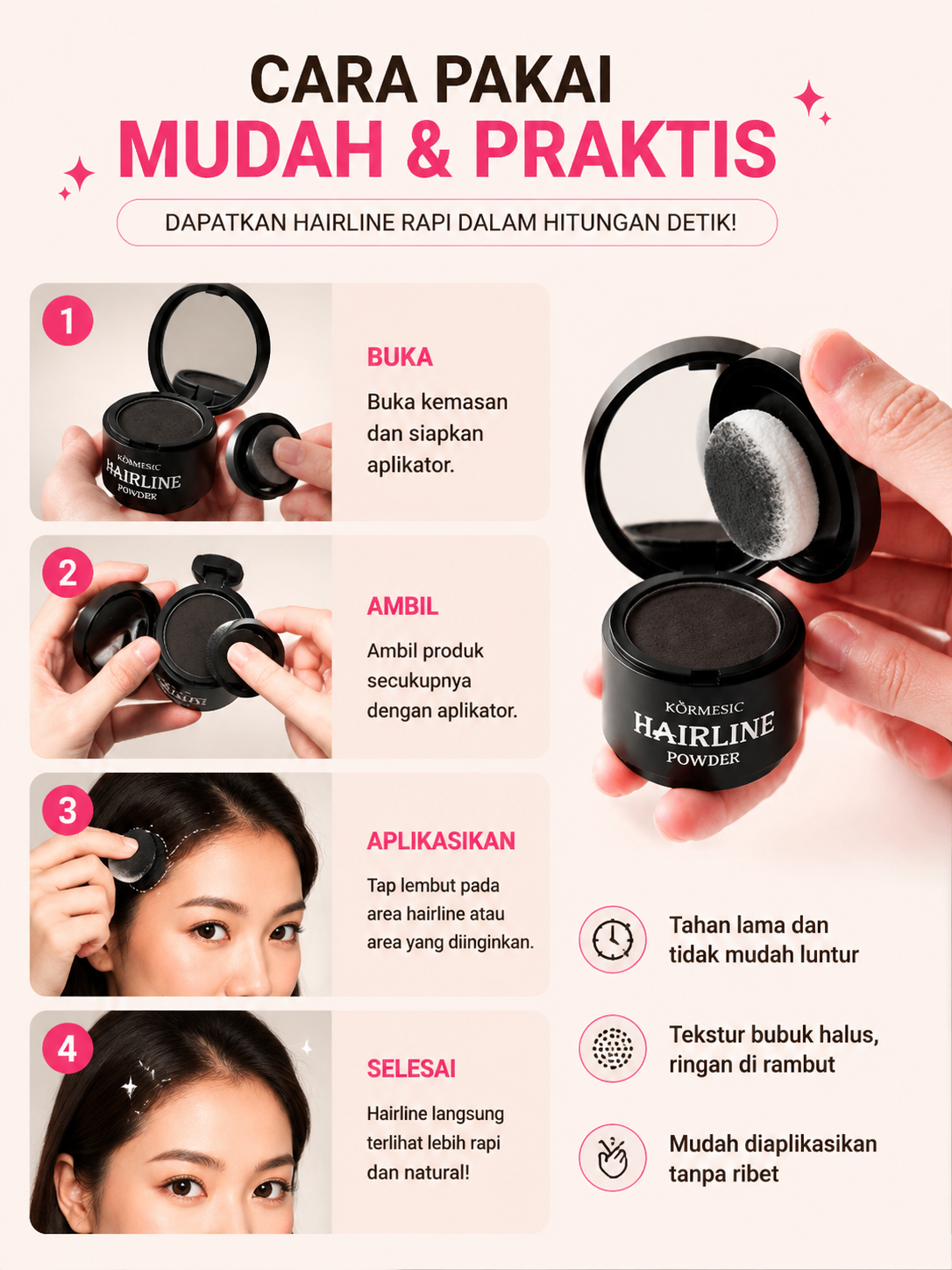 KORMESIC Hairline Powder - Bedak Penutup Rambut Tipis Rambut Botak Kosmetik Hijab Tahan Air & Keringat Waterproof Long Lasting Natural Black