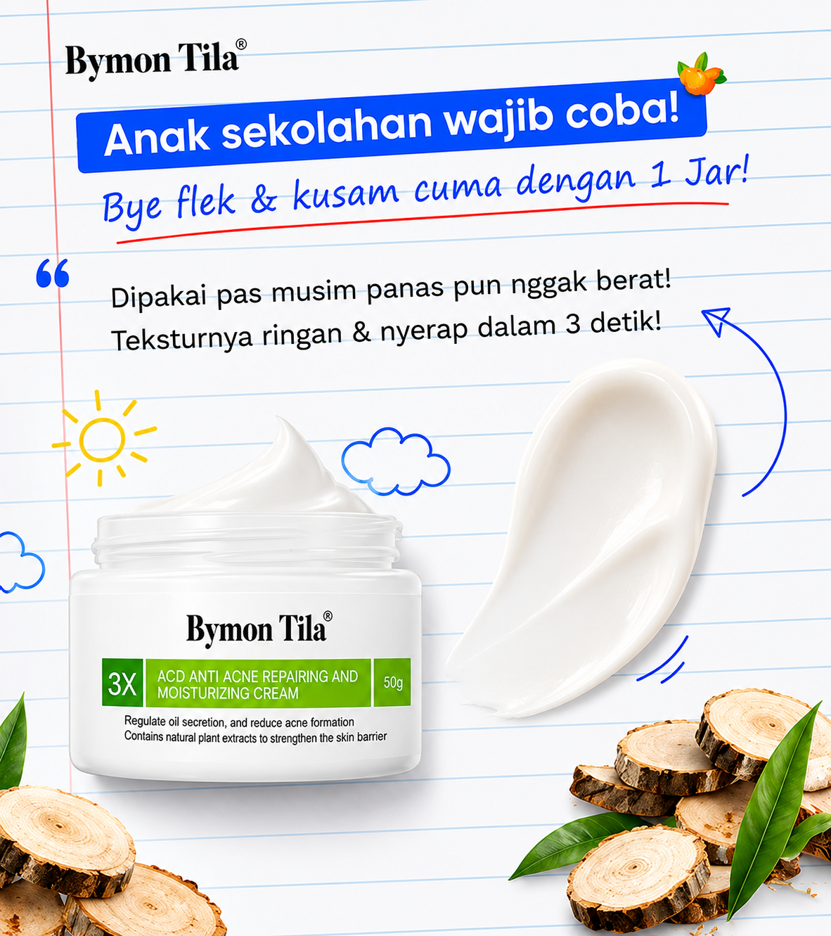 Kormesic 3X Acid Anti Acne Repairing and Moisturizing Cream 30ml - Untuk Kulit Berjerawat/Kering/Sensitif/Berminyak/Iritasi Ringan BPOM