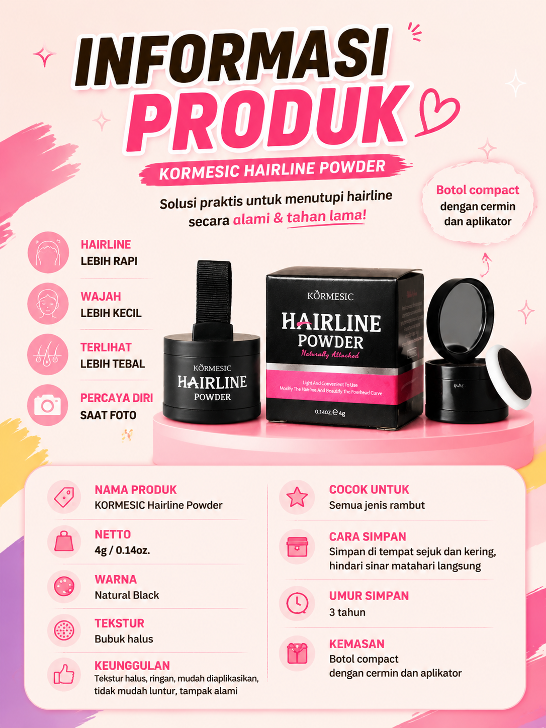 KORMESIC Hairline Powder - Bedak Penutup Rambut Tipis Rambut Botak Kosmetik Hijab Tahan Air & Keringat Waterproof Long Lasting Natural Black