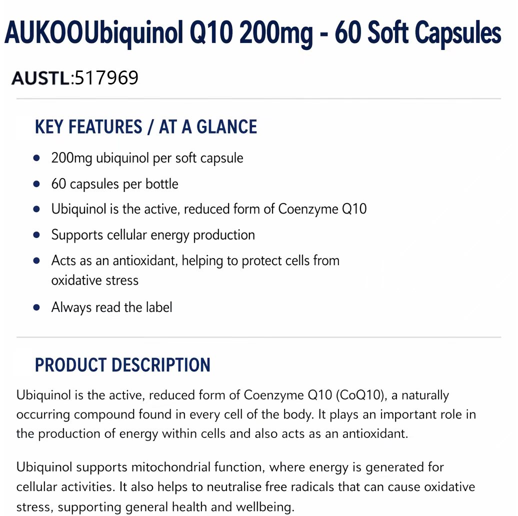 Ubiquinol Q10 200mg – Heart & Energy Support Formula