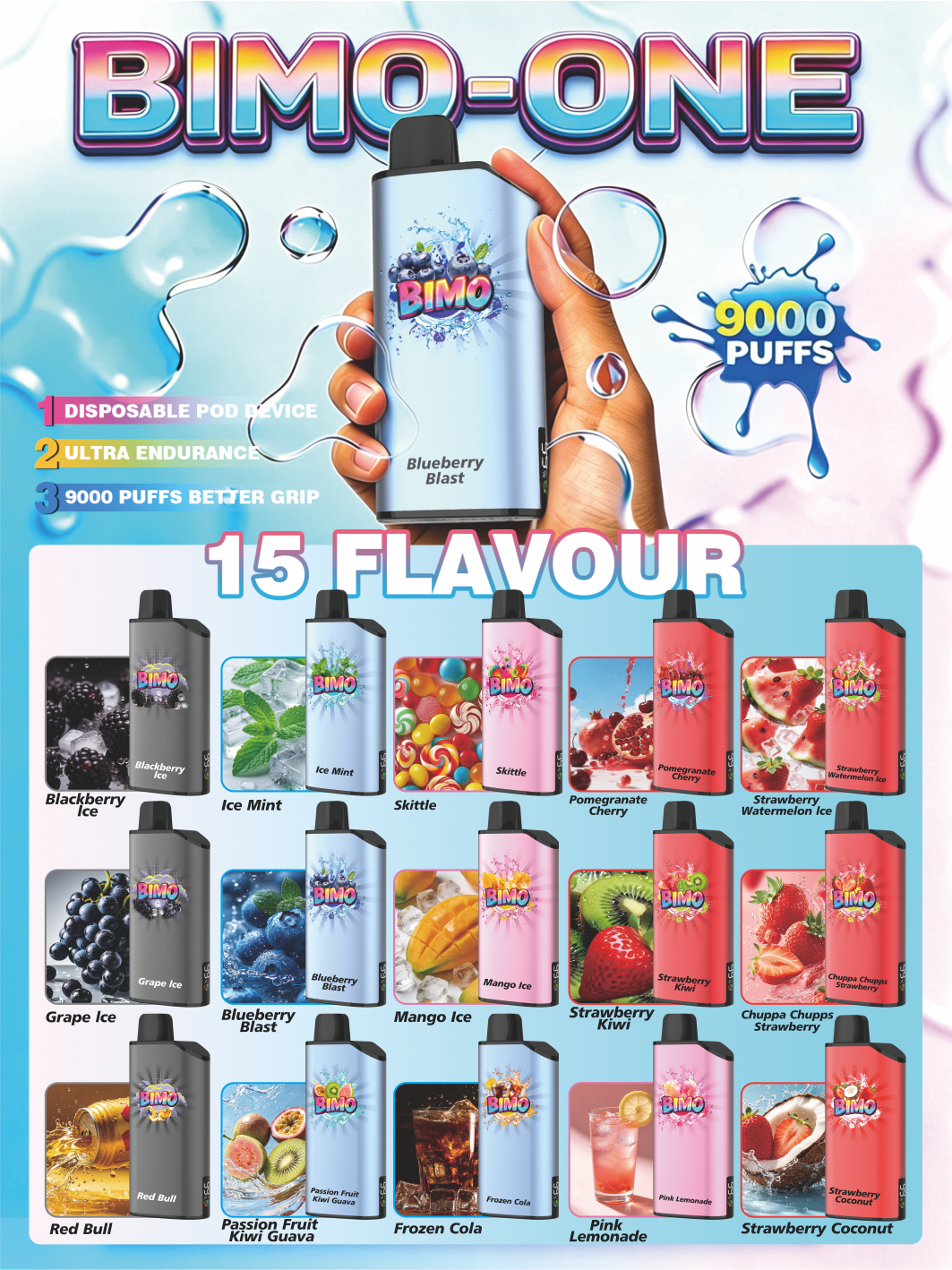 BIMO ONE 9000 Puffs –15 flavors to choose from，Shipped from local warehouse