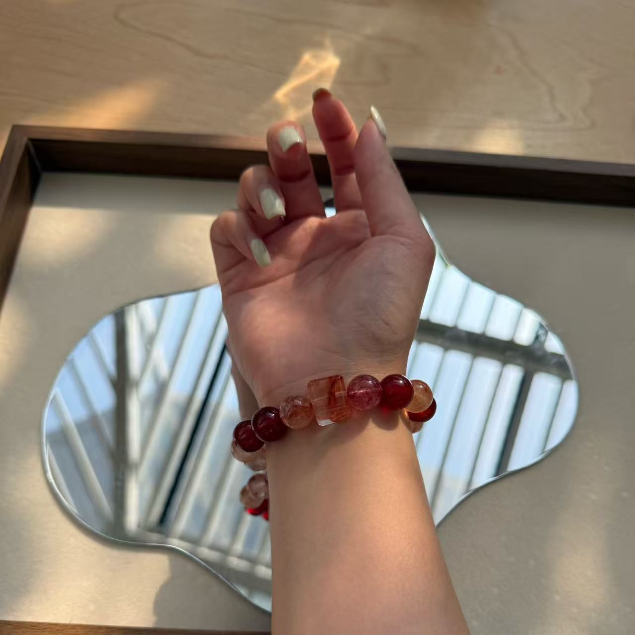 紅膠花紅瑪瑙方塊水晶單圈手串 招正財旺人緣提升氣場開運女士水晶手鍊