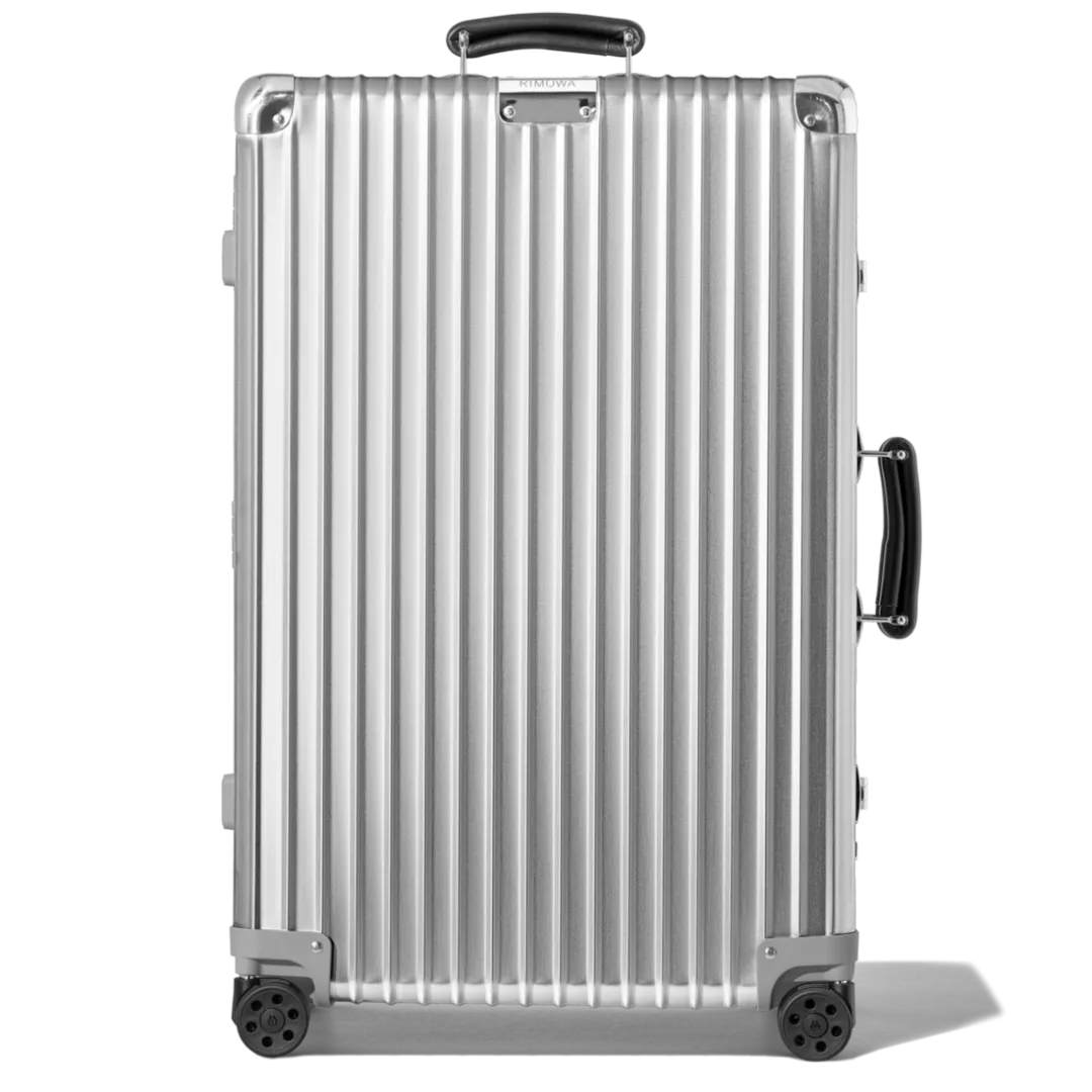 リモワ「Classic チェックイン M」シルバー、1週間の旅に選ぶレザーハンドル付きアルミケース