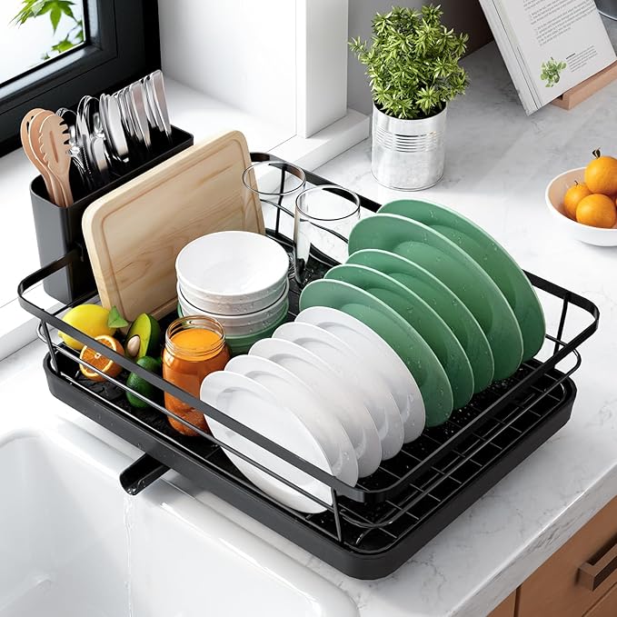 Kitsure Dish Drying Rack for Kitchen Counter, Stainless Steel Sink Organization and Storage Essentials with Cutlery Holder, Home and Appartment Decor