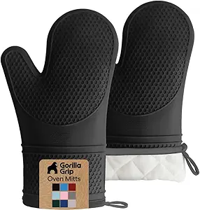 GRIP BPA-Free Soft Silicone Oven Mitts, 550F Heat Resistant Waterproof Cooking Safety Gloves, Thick Cotton Lining, Flexible Gripping for BBQ Grilling, Kitchen Potholders Set, 12.5x8.3, Black