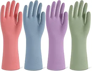 Rubber Cleaning Gloves for Dishwashing, 4 Pairs Reusable Kitchen Gloves for Washing Dishes and Household Cleaning, Colorful Dish Gloves with Flocked Lining and Non-Slip Grip, Pefect for Woman Men - M
