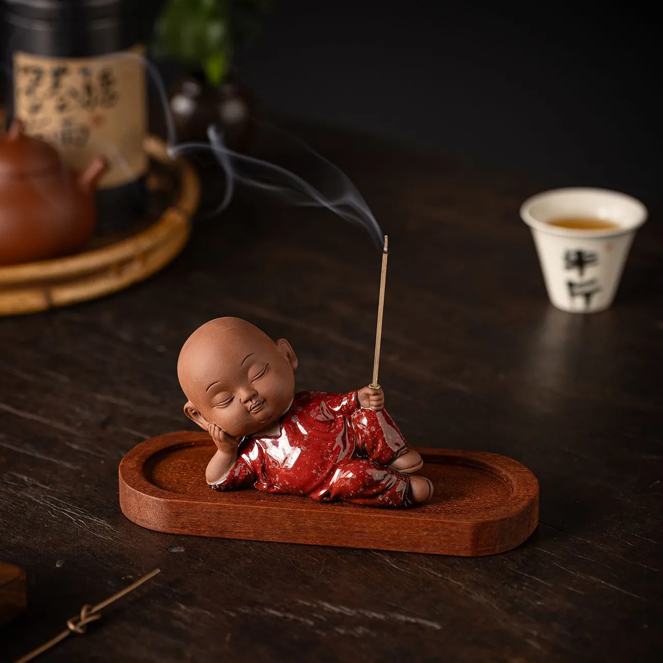 中式紫砂禪意小和尚熏香擺設茶寵