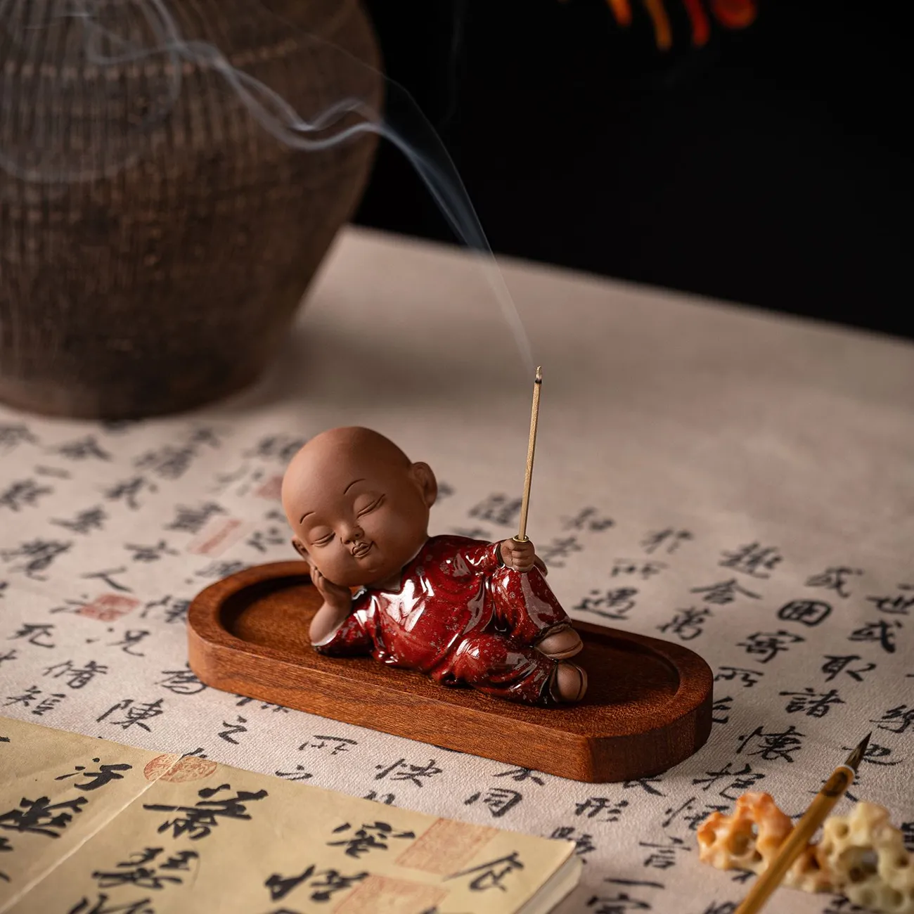 中式紫砂禪意小和尚熏香擺設茶寵