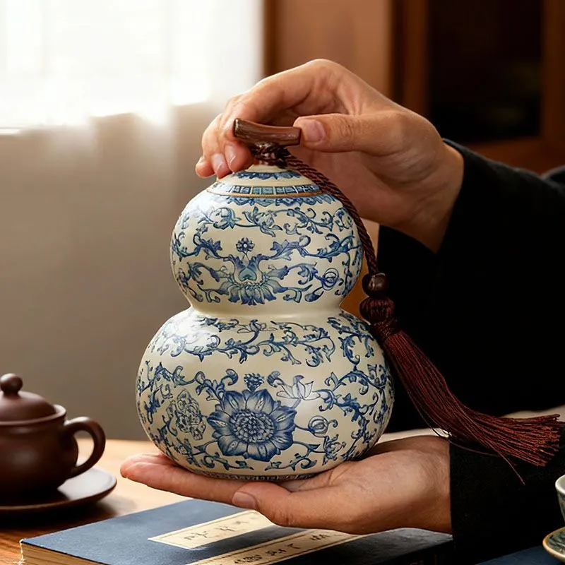 汝窯纏枝蓮葫蘆陶瓷茶葉罐