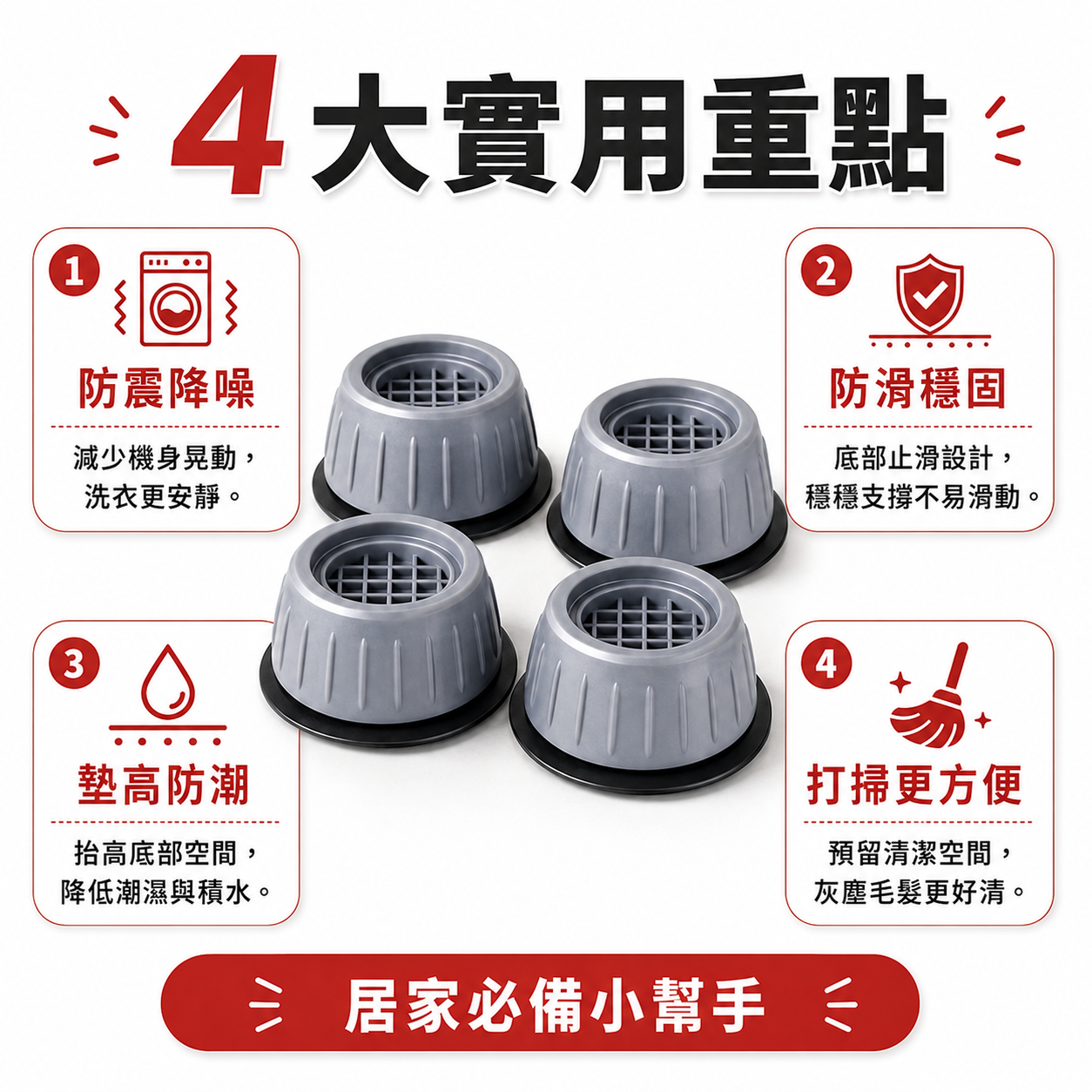 洗衣機防震靜音腳墊｜減少震動噪音｜防滑增高防潮4入組