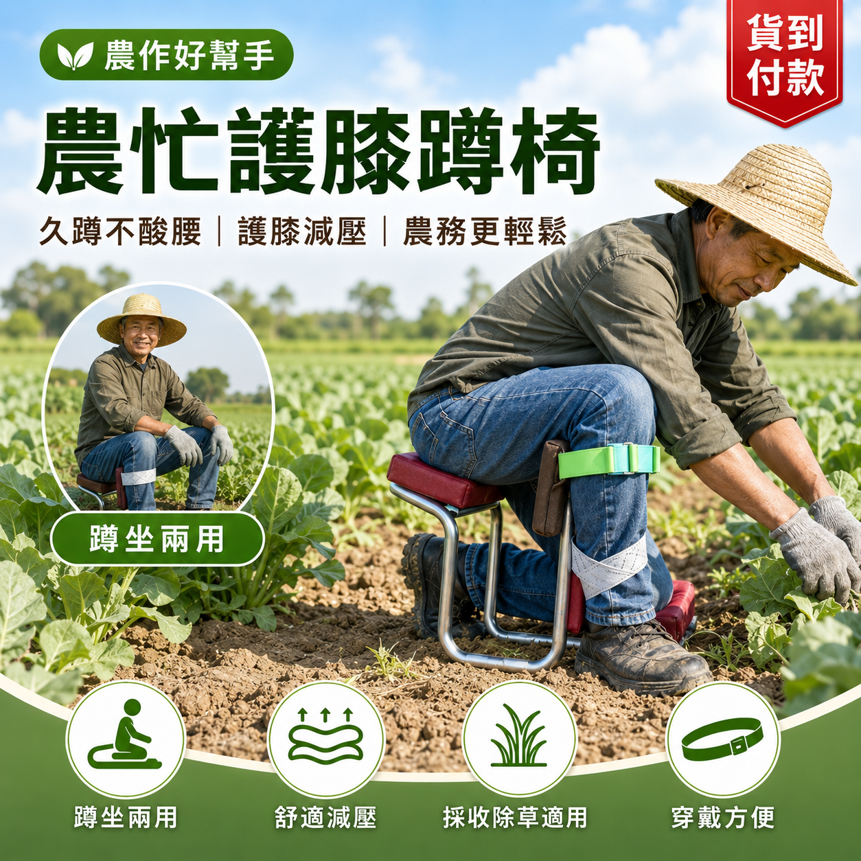 農忙好幫手！跪坐兩用護膝蹲椅｜久蹲不累 採收更省力｜貨到付款