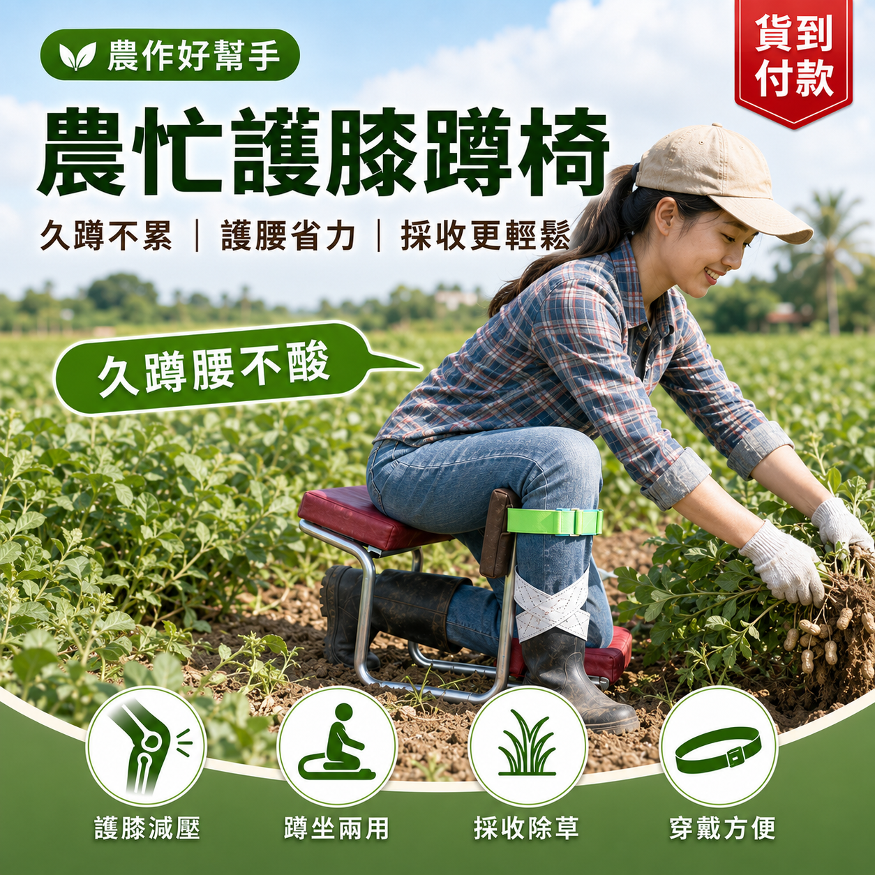 農忙好幫手！跪坐兩用護膝蹲椅｜久蹲不累 採收更省力｜貨到付款