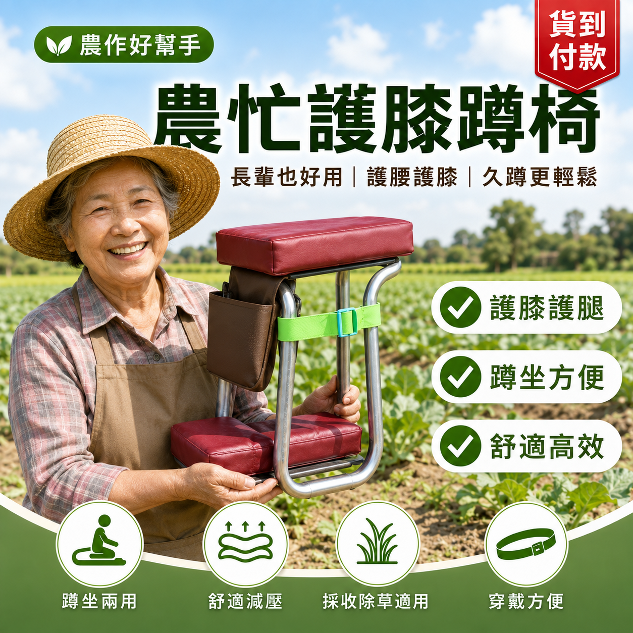 農忙好幫手！跪坐兩用護膝蹲椅｜久蹲不累 採收更省力｜貨到付款