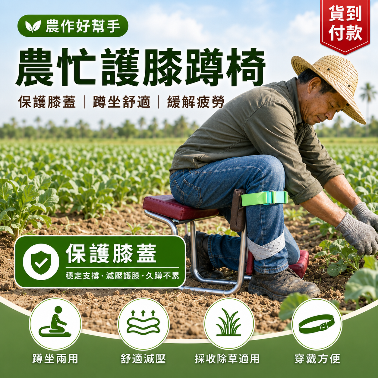 農忙好幫手！跪坐兩用護膝蹲椅｜久蹲不累 採收更省力｜貨到付款