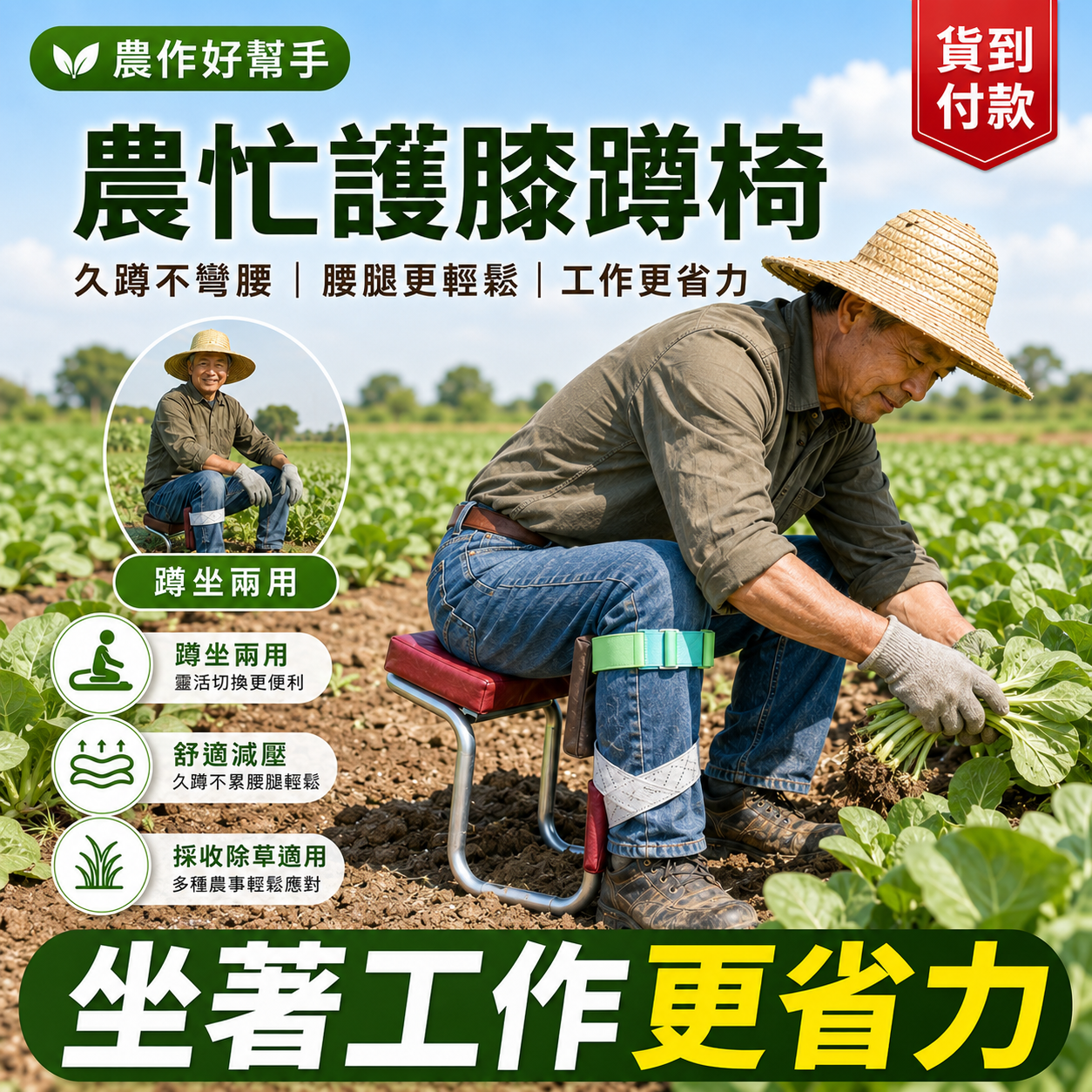 農忙好幫手！跪坐兩用護膝蹲椅｜久蹲不累 採收更省力｜貨到付款