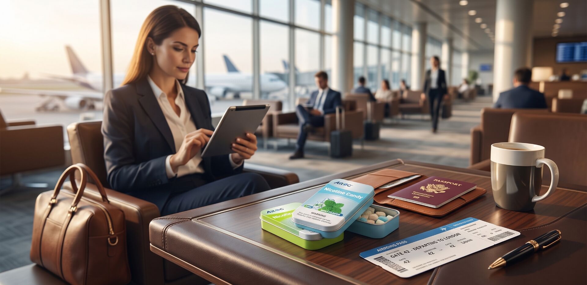 AROC smoke-free nicotine mints tin box next to a passport, a TSA-friendly alternative for travelers.