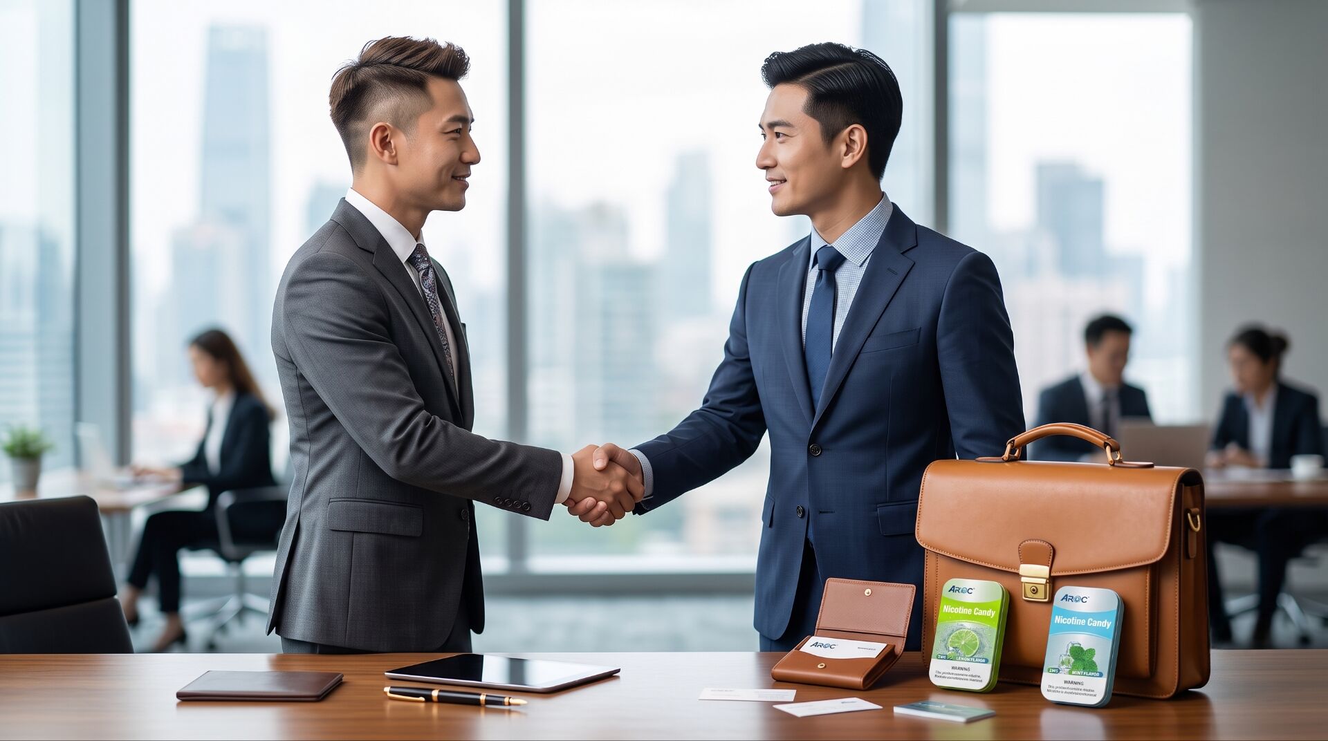AROC smoke-free nicotine tin box next to a leather briefcase, an odor-free alternative for business professionals.