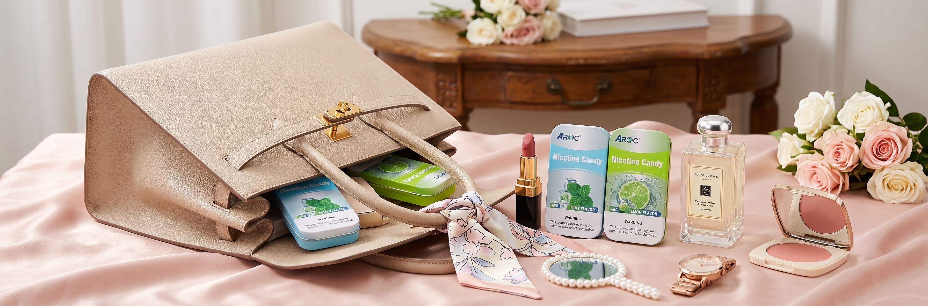 AROC smoke-free nicotine candy tin box inside a woman's handbag next to cosmetics.