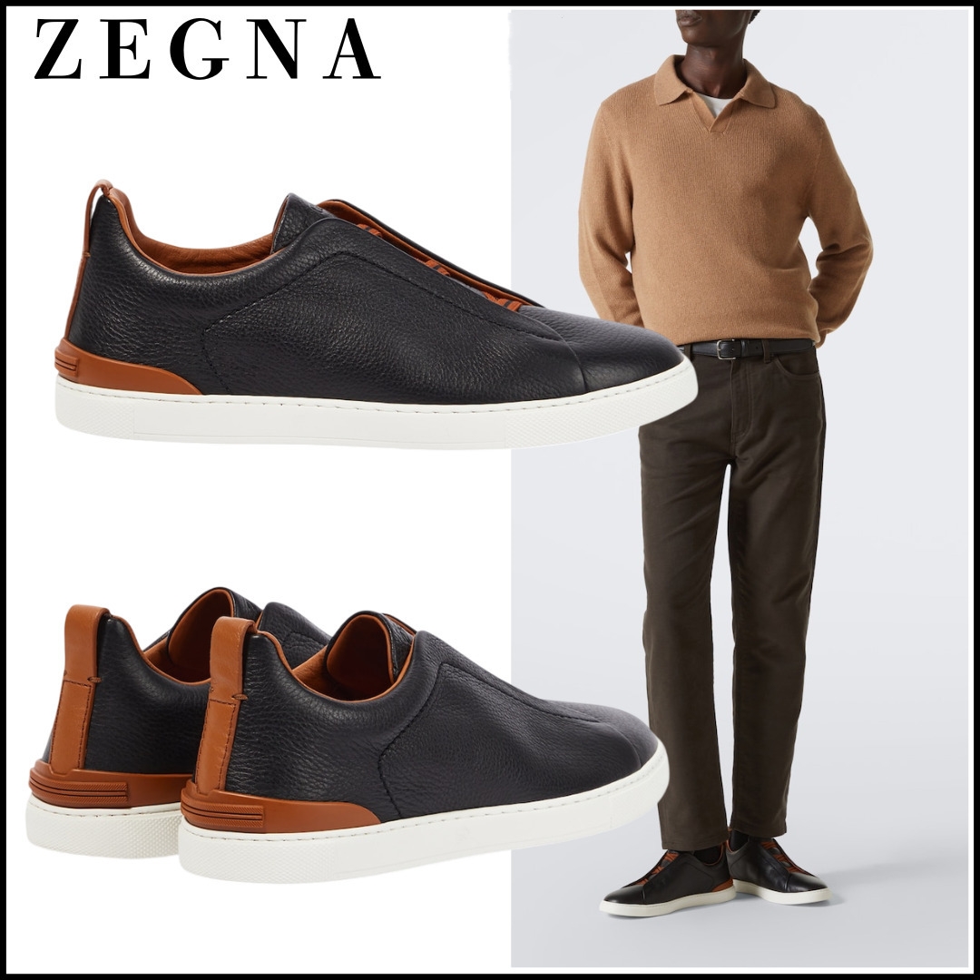 【ZEGNA】Triple StitchTMフルグレイン鹿革スリッポンスニーカー