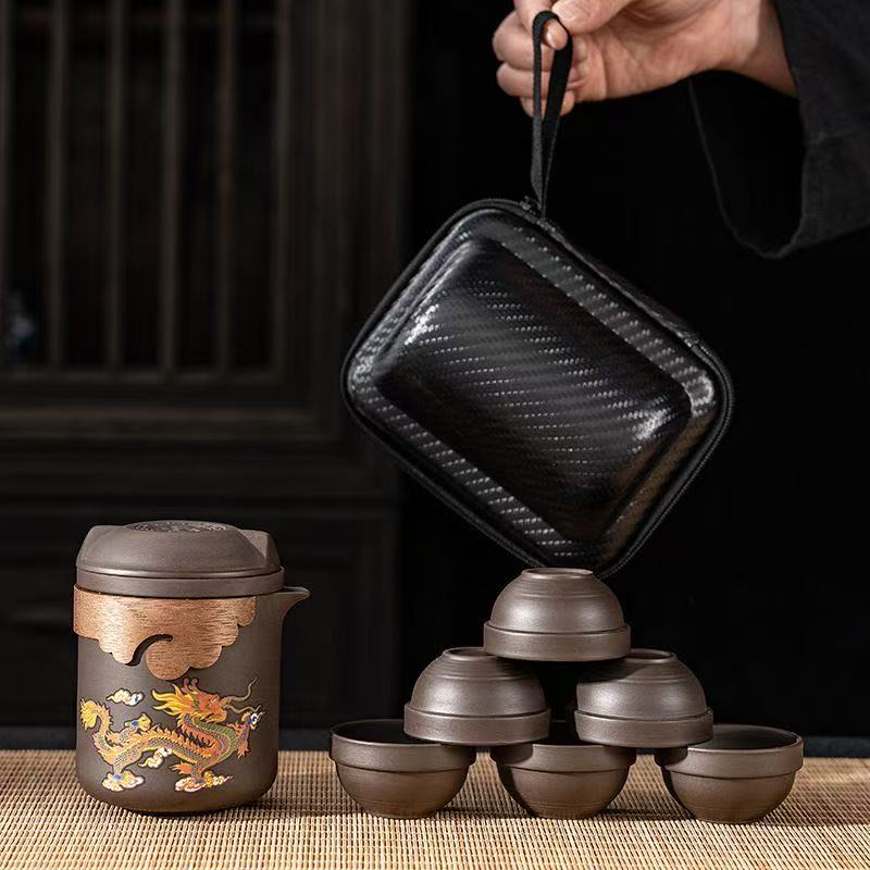 龍鳳呈祥變色紫砂壺原礦硃泥帶茶濾茶杯大容量泡茶壺便攜旅行茶具