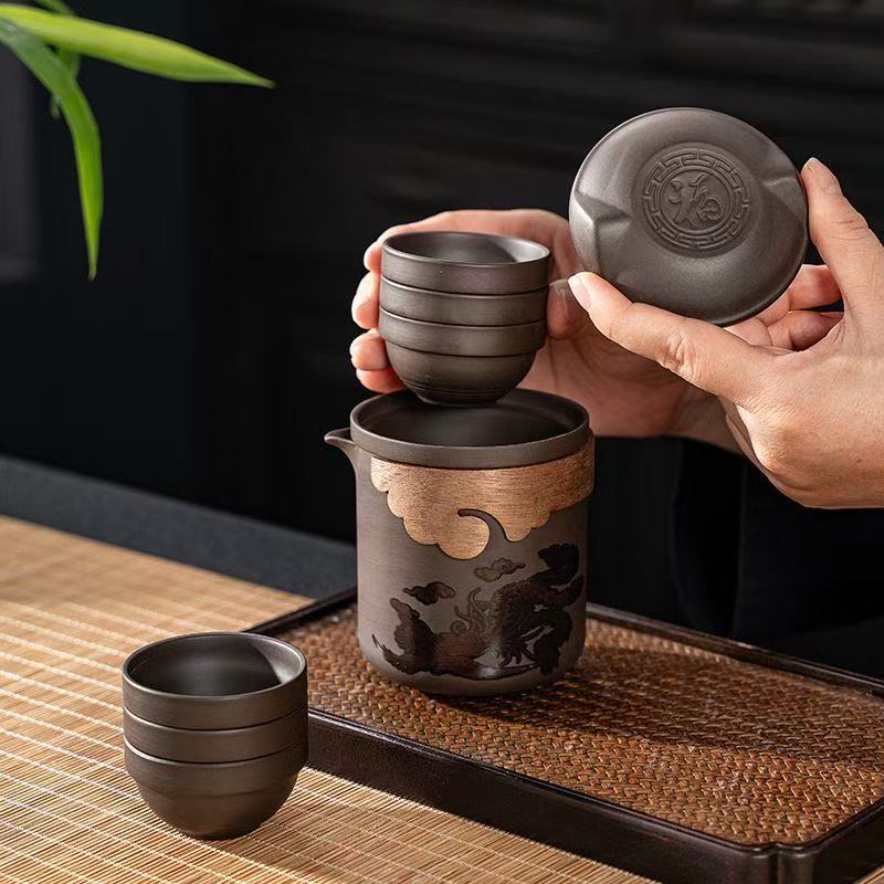 龍鳳呈祥變色紫砂壺原礦硃泥帶茶濾茶杯大容量泡茶壺便攜旅行茶具