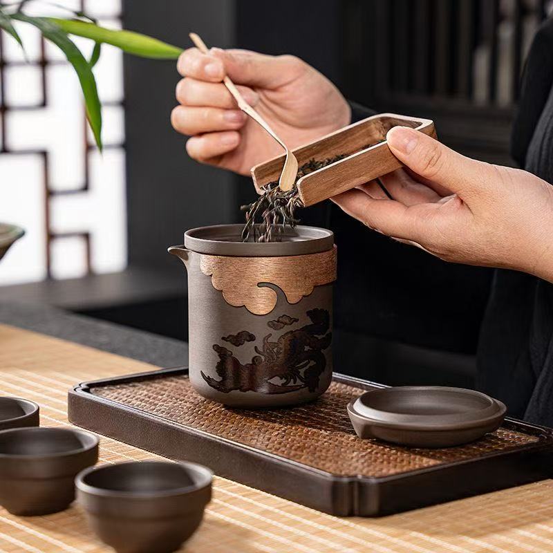 龍鳳呈祥變色紫砂壺原礦硃泥帶茶濾茶杯大容量泡茶壺便攜旅行茶具