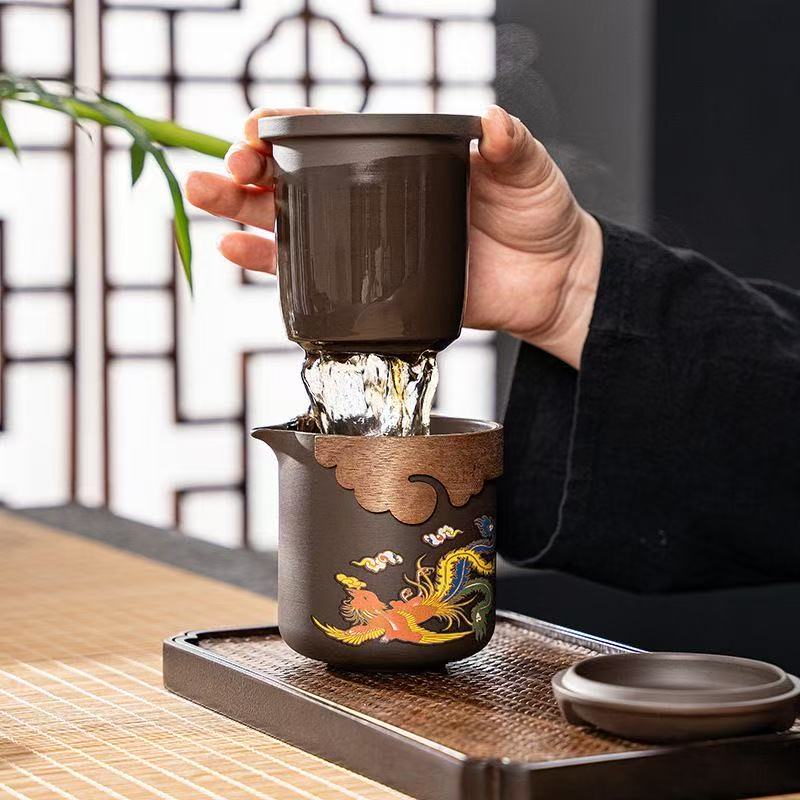龍鳳呈祥變色紫砂壺原礦硃泥帶茶濾茶杯大容量泡茶壺便攜旅行茶具