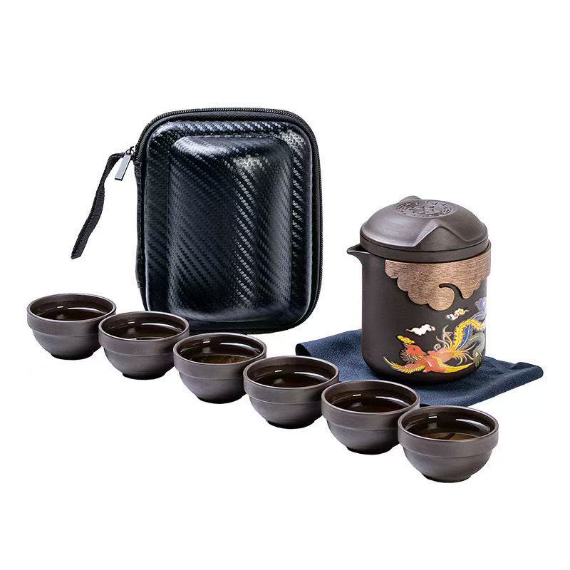龍鳳呈祥變色紫砂壺原礦硃泥帶茶濾茶杯大容量泡茶壺便攜旅行茶具
