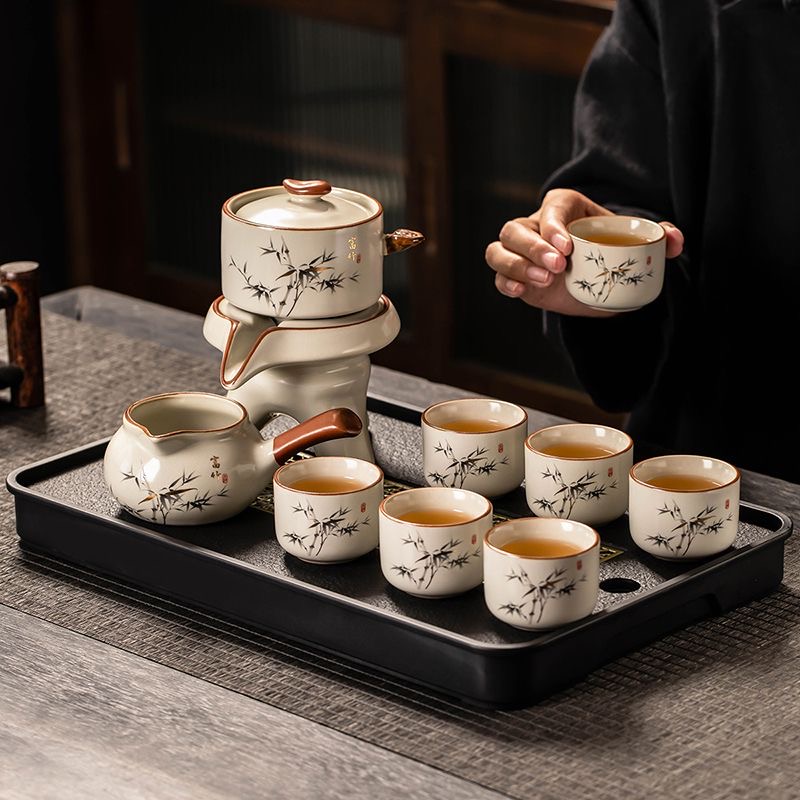 高檔汝窯功夫茶具套裝家用陶瓷開片富竹蓋碗茶茶杯整套客廳茶道