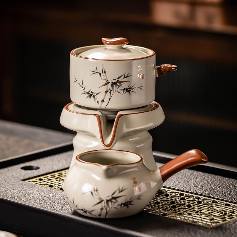 高檔汝窯功夫茶具套裝家用陶瓷開片富竹蓋碗茶茶杯整套客廳茶道